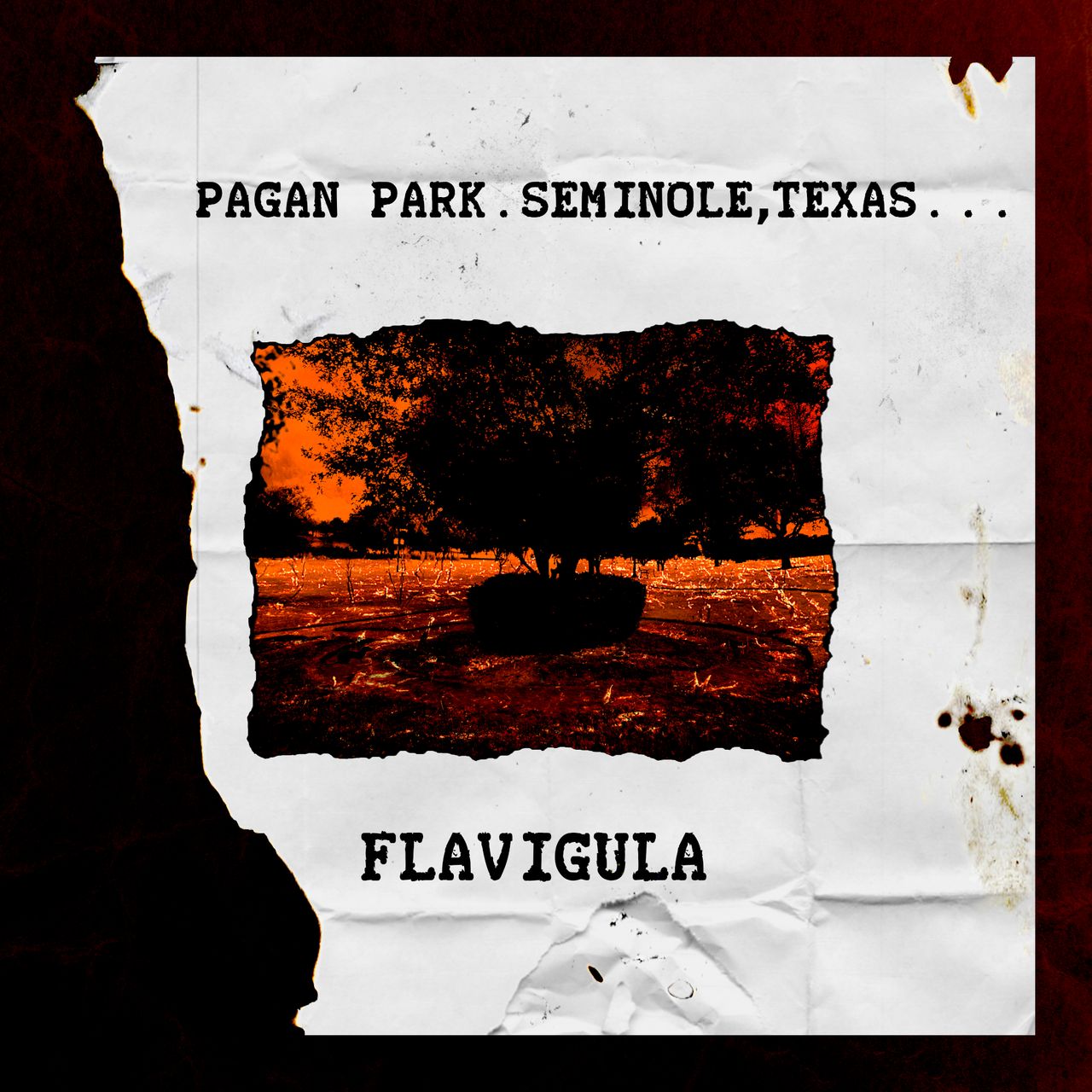 A scorched parchment depicting a park in flames framed by Flavigula and the album title